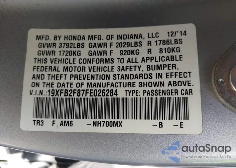 2015 Honda Civic Ex from USA, damaged, VIN 19XFB2F87FE026284